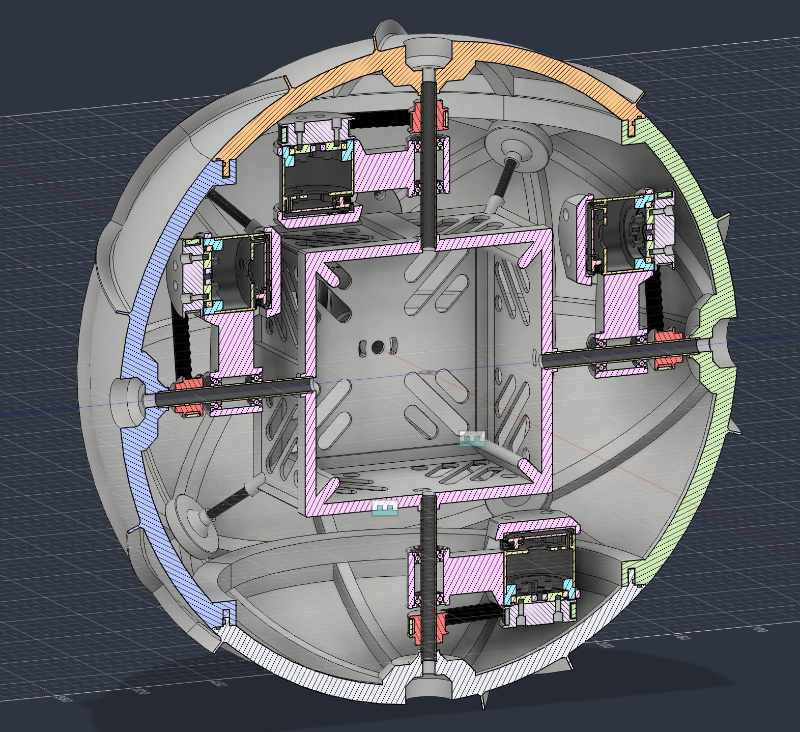 CAD section view of the earlier version, showing internal mechanisms around a hollow central structure