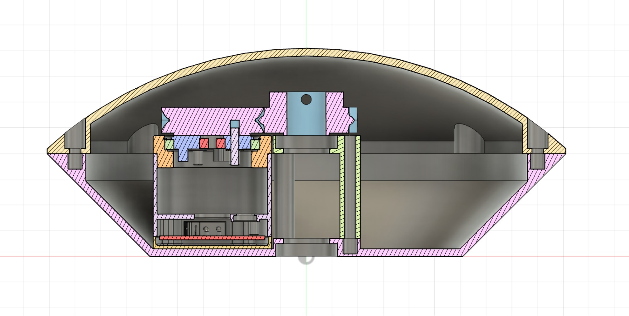 CAD section view of the updated shell compartment with internal components