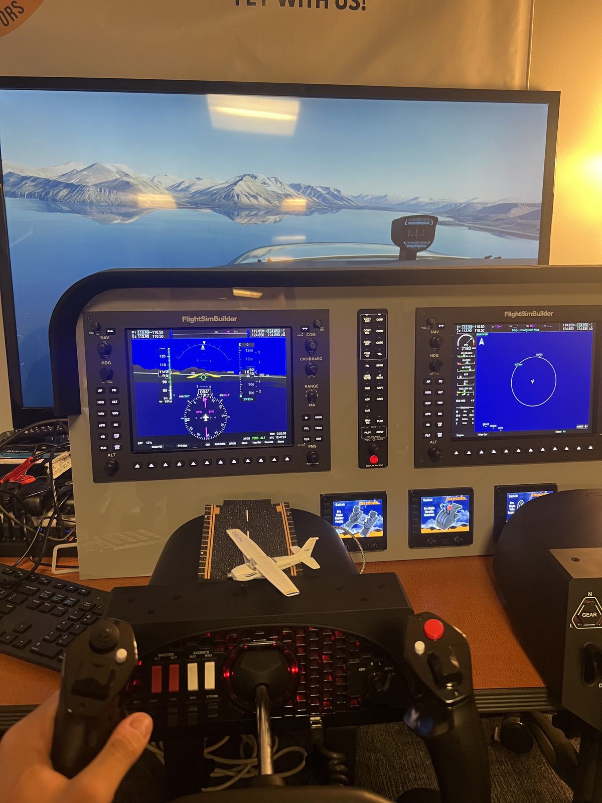 First-person view at the simulator yoke with the instrument displays switched on