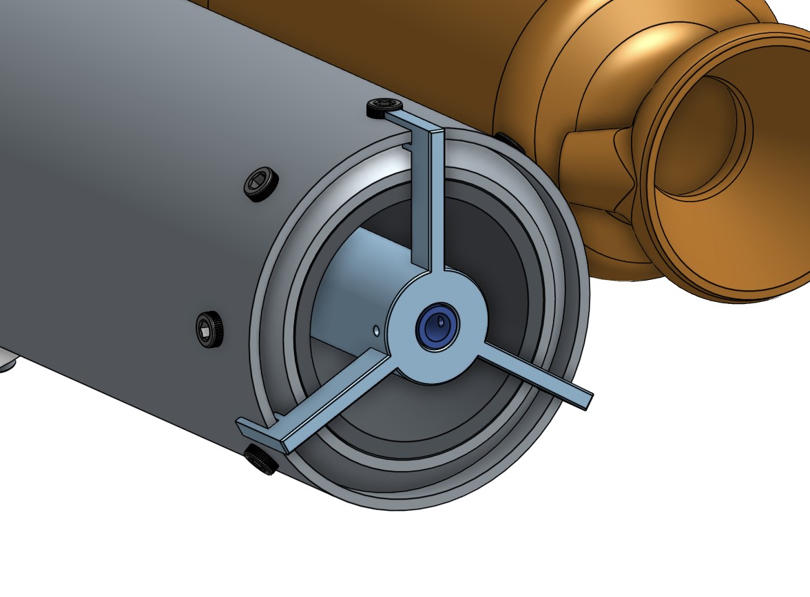 CAD render of the igniter held at the engine nozzle exit by a three-arm bracket