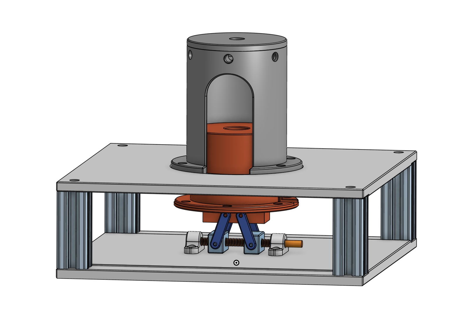 CAD render of the upright propane-torch igniter assembly on a framed test base